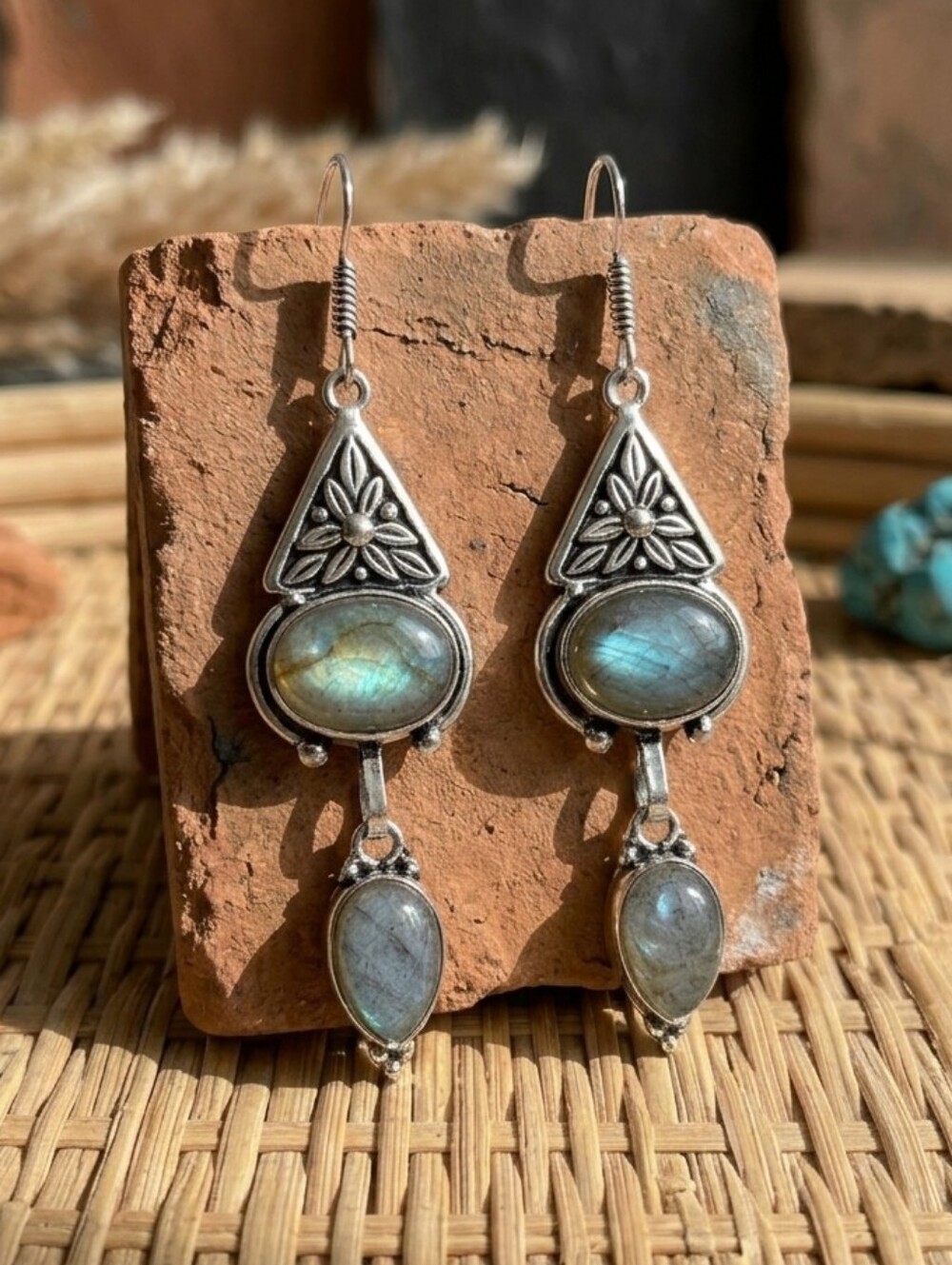 925 Sterling Silver Genuine Labradorite Artisan Handcrafted Dangle Earrings 2.7" - Picture 8 of 16